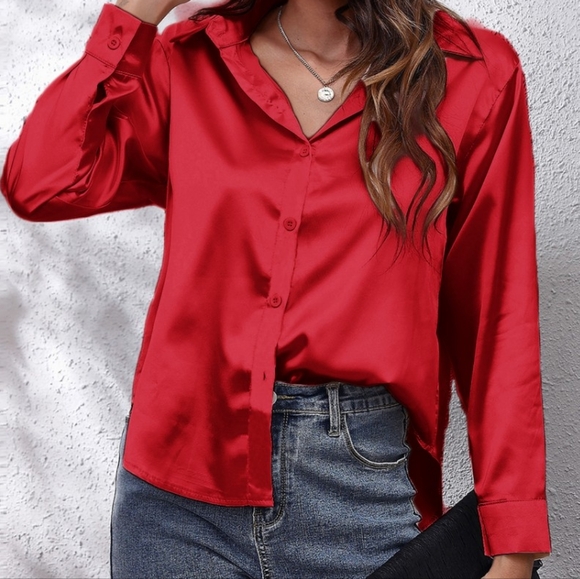 Red Collared Neck Buttoned Long Sleeve Shirt - Picture 5 of 5